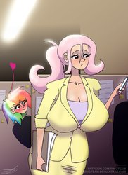 Size: 1537x2114 | Tagged: safe, artist:ringteam, fluttershy, rainbow dash, human, g4, alternate hairstyle, big breasts, blushing, breasts, busty fluttershy, cleavage, female, heart, huge breasts, humanized, lesbian, office, ship:flutterdash, shipping
