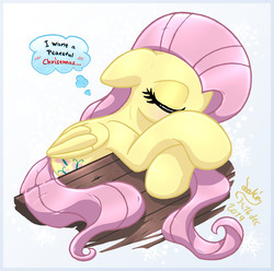 Size: 1010x1000 | Tagged: safe, artist:joakaha, fluttershy, pegasus, pony, g4, christmas, cute, eyes closed, female, floppy ears, holiday, mare, shyabetes, sleeping, solo, thought bubble