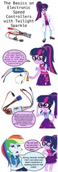 Size: 800x2390 | Tagged: artist needed, safe, edit, vector edit, rainbow dash, sci-twi, twilight sparkle, equestria girls, g4, caption, clothes, comic strip, educational, electronics, lab coat, mixed media, simple background, speech bubble, text, vector, white background