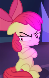 Size: 588x940 | Tagged: safe, screencap, apple bloom, earth pony, pony, g4, growing up is hard to do, angry, bow, cropped, crossed hooves, ears back, faic, female, filly, hair bow, narrowed eyes, pouting, sitting, solo