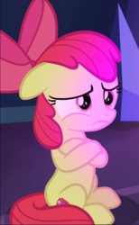 Size: 579x939 | Tagged: safe, screencap, apple bloom, earth pony, pony, g4, growing up is hard to do, bow, cropped, crossed hooves, female, filly, floppy ears, frown, hair bow, sad, sitting, solo