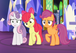 Size: 886x612 | Tagged: safe, screencap, apple bloom, scootaloo, sweetie belle, earth pony, pegasus, pony, unicorn, g4, growing up is hard to do, confused, cropped, cutie mark, cutie mark crusaders, female, friendship throne, mare, older, older apple bloom, older cmc, older scootaloo, older sweetie belle, raised hoof, the cmc's cutie marks, trio