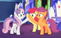 Size: 1172x735 | Tagged: safe, screencap, apple bloom, scootaloo, sweetie belle, earth pony, pegasus, pony, unicorn, g4, growing up is hard to do, cropped, cutie mark, cutie mark crusaders, female, friendship throne, mare, older, older apple bloom, older cmc, older scootaloo, older sweetie belle, the cmc's cutie marks, trio