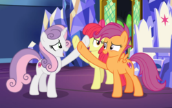 Size: 1194x751 | Tagged: safe, screencap, apple bloom, scootaloo, sweetie belle, earth pony, pegasus, pony, unicorn, g4, growing up is hard to do, cropped, cutie mark, cutie mark crusaders, embarrassed, female, friendship throne, laughing, mare, older, older apple bloom, older cmc, older scootaloo, older sweetie belle, open mouth, the cmc's cutie marks, trio