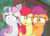 Size: 1176x852 | Tagged: safe, screencap, apple bloom, scootaloo, sweetie belle, earth pony, pegasus, pony, unicorn, g4, growing up is hard to do, my little pony: friendship is magic, bow, cropped, cutie mark crusaders, ears back, female, hair bow, mare, older, older apple bloom, older cmc, older scootaloo, older sweetie belle, open mouth, scared, shrunken pupils, trio, wavy mouth