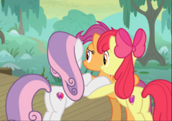 Size: 1009x712 | Tagged: safe, screencap, apple bloom, scootaloo, sweetie belle, earth pony, pegasus, pony, unicorn, g4, growing up is hard to do, bipedal, bow, butt, butt tail, cropped, cutie mark crusaders, female, hair bow, huddle, mare, older, older apple bloom, older cmc, older scootaloo, older sweetie belle, plot, rear view, trio