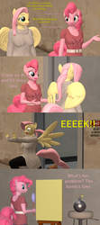 Size: 1920x4320 | Tagged: safe, artist:papadragon69, fluttershy, pinkie pie, anthro, g4, 3d, bomb, comic, fake, old master q, painting, parody, reference, running away, source filmmaker, weapon