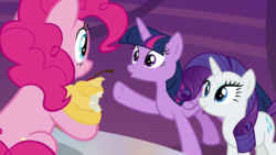 Size: 1920x1080 | Tagged: safe, screencap, pinkie pie, rarity, twilight sparkle, alicorn, earth pony, pony, unicorn, g4, the last laugh, cutie map, female, looking at each other, mare, open mouth, raised hoof, sitting, smiling, twilight sparkle (alicorn)