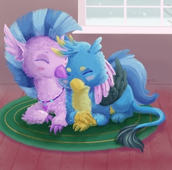 Size: 1668x1649 | Tagged: safe, artist:catscratchpaper, gallus, silverstream, classical hippogriff, griffon, hippogriff, g4, cuddling, cute, diastreamies, eyes closed, female, fluffy, gallabetes, male, ship:gallstream, shipping, snow, straight, weapons-grade cute, wing hold