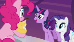 Size: 1920x1080 | Tagged: safe, screencap, pinkie pie, rarity, twilight sparkle, alicorn, earth pony, pony, unicorn, g4, the last laugh, cutie map, female, looking at each other, mare, open mouth, smiling, twilight sparkle (alicorn)
