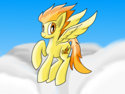 Size: 2000x1500 | Tagged: safe, artist:notadeliciouspotato, spitfire, pegasus, pony, g4, cloud, female, flying, mare, sky, smiling, solo, spread wings, wings