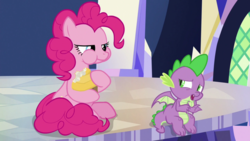 Size: 1920x1080 | Tagged: safe, screencap, pinkie pie, spike, dragon, g4, the last laugh, cupcake, cutie map, food, winged spike, wings