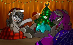 Size: 4096x2573 | Tagged: safe, artist:modularpon, artist:themodpony, oc, oc only, oc:crescent, oc:scar, bat pony, pony, beanbag chair, christmas, christmas tree, female, halloween, holiday, mare, tree