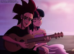 Size: 2114x1537 | Tagged: safe, artist:ringteam, tempest shadow, twilight sparkle, human, g4, eyes closed, female, guitar, humanized, lesbian, listening, musical instrument, playing, ship:tempestlight, shipping, singing