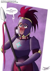 Size: 1537x2114 | Tagged: safe, artist:ringteam, tempest shadow, human, g4, armor, blushing, call, cellphone, female, humanized, implied lesbian, implied sex, implied shipping, implied tempestlight, implied twilight sparkle, phone, royal guard, solo, spear, tempest becomes a royal guard, weapon