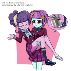 Size: 1000x1000 | Tagged: safe, artist:twilite-sparkleplz, sunny flare, suri polomare, equestria girls, g4, my little pony equestria girls: friendship games, accident, ass, bandage, barefoot, blushing, bridal carry, butt, carrying, clothes, commissioner:shortskirtsandexplosions, cooking pot, crystal prep academy uniform, cute, duo, duo female, feet, female, hairpin, i can't believe they're not fembois, injured, legs, miniskirt, one shoe off, pleated skirt, school uniform, schrödinger's pantsu, shoes, skirt, socks, suri booty, thighs
