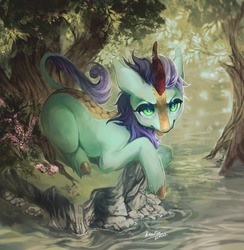Size: 1398x1432 | Tagged: safe, artist:elzafox, oc, oc only, oc:searing cold, kirin, forest, male, on side, scenery, solo, tree, water