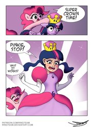 Size: 1537x2114 | Tagged: safe, artist:ringteam, pinkie pie, twilight sparkle, alicorn, earth pony, human, pony, g4, clothes, comic, dress, evening gloves, gloves, gown, humanized, long gloves, pony to human, poofy shoulders, super crown, toadette, transformation, twilight sparkle (alicorn)