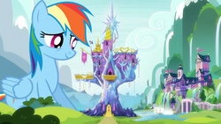 Size: 1920x1080 | Tagged: safe, rainbow dash, twilight sparkle, alicorn, pegasus, pony, g4, female, giant pony, macro, school of friendship, size difference, twilight sparkle (alicorn), twilight's castle