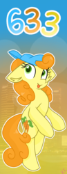 Size: 633x1633 | Tagged: safe, artist:rainbow eevee, carrot top, golden harvest, earth pony, pony, g4, :p, bipedal, colored pupils, cutie mark, female, gradient background, looking at you, number, numbers, snapback, solo, tongue out