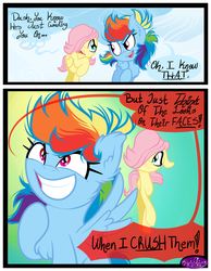 Size: 3500x4500 | Tagged: dead source, safe, artist:becauseimpink, fluttershy, rainbow dash, pegasus, pony, comic:transition, g4, butterscotch, chest fluff, comic, dialogue, female, filly, filly fluttershy, filly rainbow dash, grin, hair over one eye, raised hoof, rule 63, smiling, transgender, younger