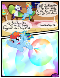 Size: 3500x4500 | Tagged: dead source, safe, artist:becauseimpink, rainbow dash, rarity, pegasus, pony, unicorn, comic:transition, g4, comic, cutie mark, dialogue, elusive, female, filly, filly rainbow dash, flying, grin, male, open mouth, rainbow blitz, rainbow trail, rule 63, sitting, smiling, sonic rainboom, stallion, transgender, unshorn fetlocks, younger