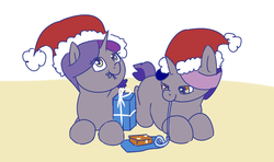 Size: 710x420 | Tagged: safe, artist:anonymous, oc, pony, unicorn, 4chan, christmas, cute, drawthread, duo, hat, holiday, present, santa hat