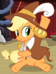Size: 794x1058 | Tagged: safe, screencap, applejack, smart cookie, earth pony, pony, g4, hearth's warming eve (episode), backstage, canterlot, clothes, cropped, cute, dressing, feather, feathered hat, hat, hearth's warming eve, jackabetes, outfit, stage