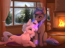 Size: 2700x2000 | Tagged: safe, artist:evehly, oc, oc only, oc:bubbly beaker, oc:clever cog, pegasus, pony, unicorn, commission, cottagecore, couch, cute, drinking, duo, female, fireplace, forest, high res, hoof fluff, leg fluff, levitation, lidded eyes, looking up, magic, male, mare, mountain, nuzzling, pillow, prone, scenery, shoulder fluff, sitting, snow, stallion, telekinesis, window