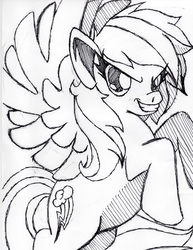 Size: 2531x3281 | Tagged: safe, artist:petanoprime, rainbow dash, pegasus, pony, g4, female, grin, high res, lineart, mare, monochrome, rearing, smiling, solo, traditional art