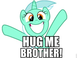 Size: 960x720 | Tagged: safe, edit, lyra heartstrings, pony, unicorn, g4, caption, cute, drake & josh, female, happy, hug me brother!, hug request, image macro, lyrabetes, mare, meme, reference, simple background, talking to viewer, text, white background