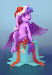 Size: 1396x1992 | Tagged: safe, artist:stratodraw, twilight sparkle, alicorn, pony, semi-anthro, g4, arm hooves, box, christmas, crossed hooves, female, hat, holiday, santa hat, smiling, solo, twilight sparkle (alicorn)