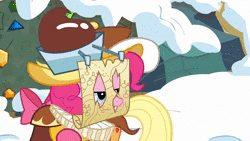 Size: 1280x720 | Tagged: safe, screencap, applejack, chancellor puddinghead, pinkie pie, smart cookie, earth pony, pony, g4, hearth's warming eve (episode), animated, clothes, falling, feather, female, gem, hat, hearth's warming eve, map, outfit, rewind, sound, talking, walking, webm