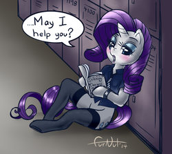 Size: 1110x989 | Tagged: safe, artist:furnut, rarity, unicorn, semi-anthro, g4, 2014, arm hooves, blushing, book, bottomless, clothes, eyelashes, female, fishnet stockings, lockers, makeup, partial nudity, reading, sitting, solo, speech, watch