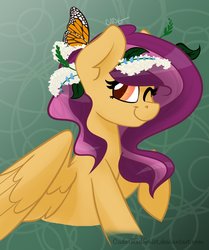Size: 1544x1848 | Tagged: safe, artist:cadetredshirt, oc, oc only, butterfly, pegasus, pony, butterfly wings, colored pupils, ear fluff, flower, flower in hair, looking at camera, looking at you, one eye closed, raised hoof, simple background, smiling, solo, two toned hair, wings, wink