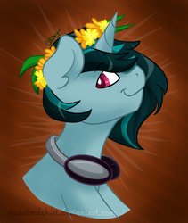 Size: 1732x2048 | Tagged: safe, artist:cadetredshirt, oc, oc only, oc:beat spark, pony, unicorn, bust, colored pupils, digital art, ear fluff, flower, flower in hair, headphones, horn, looking at camera, looking at you, male, simple background, smiling, solo, two toned mane