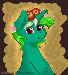 Size: 1848x2048 | Tagged: safe, artist:cadetredshirt, oc, oc only, oc:heavy eyes, pony, unicorn, bust, colored pupils, ear fluff, floral head wreath, flower, flower in hair, horn, looking at camera, male, simple background, smiling, solo, stallion, two toned mane