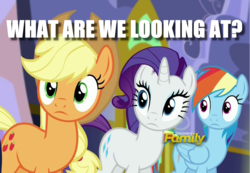 Size: 1081x749 | Tagged: safe, edit, edited screencap, screencap, applejack, rainbow dash, rarity, g4, party pooped, caption, cropped, discovery family logo, image macro, juxtaposition bait, reaction image, text