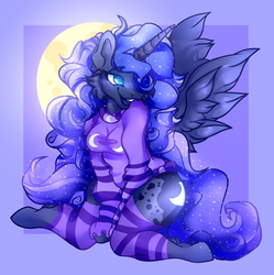 Size: 2589x2599 | Tagged: safe, artist:sintheraccoon, princess luna, alicorn, anthro, unguligrade anthro, arm hooves, blushing, breasts, busty princess luna, clothes, cutie mark, female, mare, open mouth, smiling, socks, solo, spread wings, striped socks, sweater, wings