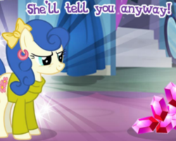 Size: 423x339 | Tagged: safe, gameloft, blueberry curls, earth pony, pony, g4, cropped, ear piercing, earring, female, gem, jewelry, meme, piercing, ribbon, solo, wow! glimmer