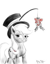 Size: 1100x1400 | Tagged: safe, artist:rockhoppr3, applejack, earth pony, pony, g4, female, hat, holly, holly mistaken for mistletoe, monochrome, partial color, solo, top hat