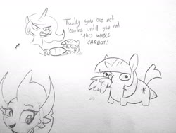 Size: 1827x1375 | Tagged: safe, artist:tjpones, princess celestia, smolder, twilight sparkle, alicorn, dragon, pony, unicorn, g4, all the way through, black and white, carrot, dialogue, female, food, grayscale, herbivore, literal, mare, monochrome, simple background, traditional art, twiggie, wat, white background, who needs organs?