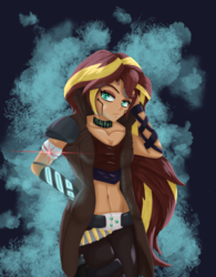 Size: 763x976 | Tagged: safe, artist:midnight-note, sunset shimmer, cyborg, human, equestria girls, abstract background, belly button, clothes, cybernetic eyes, cyberpunk, female, humanized, midriff, solo, trenchcoat