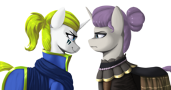 Size: 1231x649 | Tagged: safe, artist:printik, oc, oc only, oc:honoria, oc:white star, pony, unicorn, equestria at war mod, clothes, confrontation, dress, duo, face paint, female, frown, looking at each other, mare, narrowed eyes, profile, queen, sidemouth, simple background, smiling, smirk, transparent background