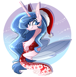 Size: 3353x3396 | Tagged: safe, artist:sugaryicecreammlp, oc, oc only, oc:sparkdust knight, alicorn, pony, bust, christmas, clothes, female, hat, high res, holiday, mare, portrait, santa hat, scarf, slender, solo, thin, two toned wings, wings
