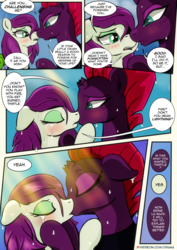 Size: 2480x3508 | Tagged: safe, artist:dsana, fizzlepop berrytwist, tempest shadow, oc, oc:thistledown, earth pony, pony, unicorn, comic:a storm's lullaby, g4, blushing, canon x oc, comic, crying, duo, eyes closed, female, high res, imminent kidnapping, kiss on the lips, kissing, lesbian, mare, shipping, tsundere, tsundere shadow