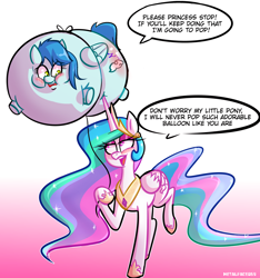 Size: 3000x3200 | Tagged: safe, artist:metalface069, princess celestia, oc, oc:soft cloud, alicorn, balloon pony, pegasus, pony, g4, blushing, crown, female, floating, high res, horn, imminent popping, inflation, jewelry, mare, puffy cheeks, regalia, string, worried, ych result
