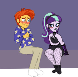 Size: 1134x1127 | Tagged: safe, artist:ponyretirementhome, starlight glimmer, sunburst, equestria girls, g4, blushing, clothes, emo, equestria girls-ified, female, fishnet stockings, goth, looking at each other, male, ship:starburst, shipping, straight, teenage glimmer, teenager