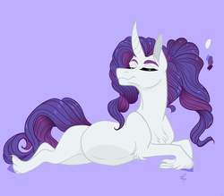 Size: 2883x2528 | Tagged: safe, artist:lunarainbowfarts, rarity, g4, alternate hairstyle, eyes closed, female, high res, mare, pregnant, prone, purple background, simple background
