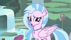Size: 1920x1080 | Tagged: safe, screencap, silverstream, classical hippogriff, hippogriff, g4, student counsel, cute, diastreamies, female, fountain, jewelry, looking sideways, necklace, open mouth, pearl necklace, quadrupedal, smiling, solo, teenager